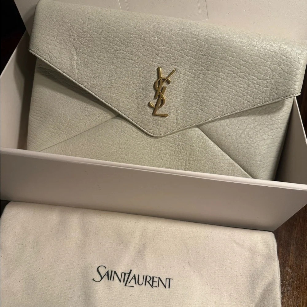 Saint Laurent Ivory Leather Envelope Clutch with Gold YSL Hardware - Picture 3 of 9